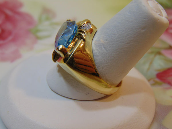 14K Gold Blue Topaz Diamond Ring, Size 6 1/2