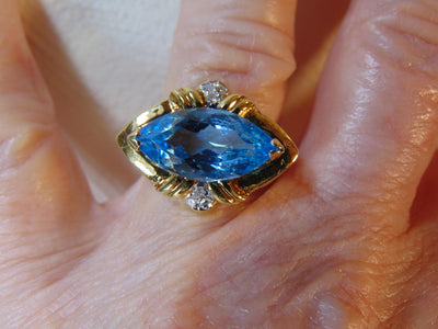 14K Gold Blue Topaz Diamond Ring, Size 6 1/2