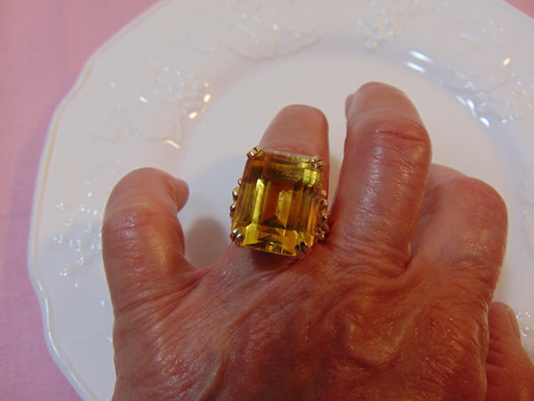 14K Gold Emerald Cut Yellow Quartz Ring - Vintage Statement Ring