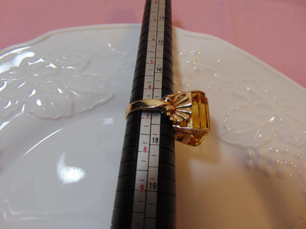 14K Gold Emerald Cut Yellow Quartz Ring - Vintage Statement Ring
