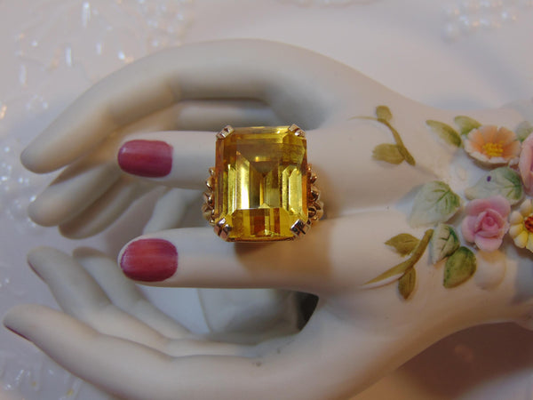 14K Gold Emerald Cut Yellow Quartz Ring - Vintage Statement Ring