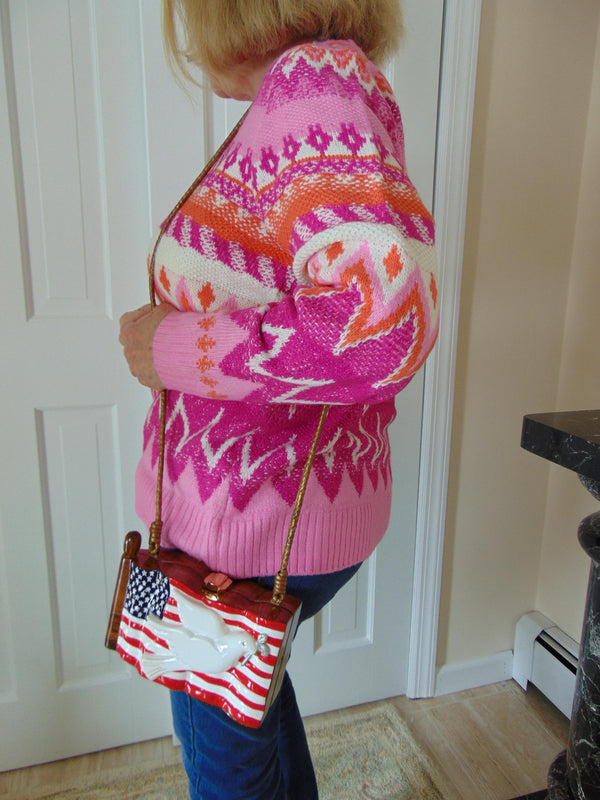 Vintage Timmy Woods USA Flag Dove Wooden Purse