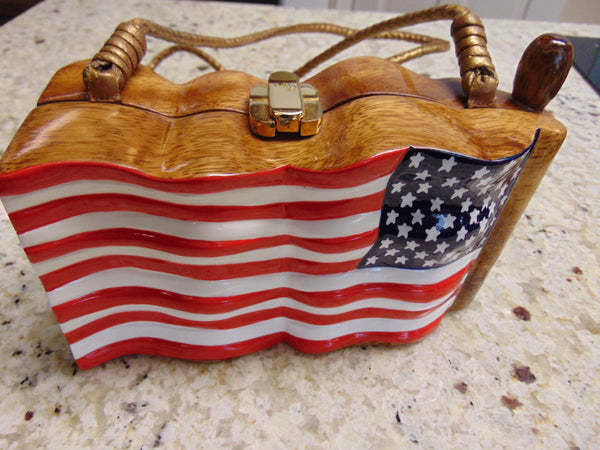 Vintage Timmy Woods USA Flag Dove Wooden Purse