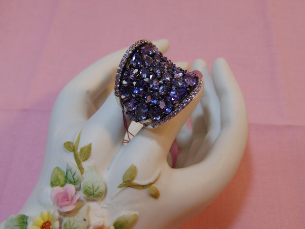 Sterling Silver Tanzanite Saddle Ring: CZ Accents, Size 7.75