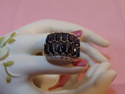 Estate Sterling Silver Sapphire Ring: Marquee & CZ Gemstones, Size 7.75