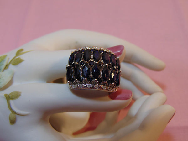 Estate Sterling Silver Sapphire Ring: Marquee & CZ Gemstones, Size 7.75