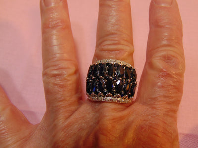 Estate Sterling Silver Sapphire Ring: Marquee & CZ Gemstones, Size 7.75