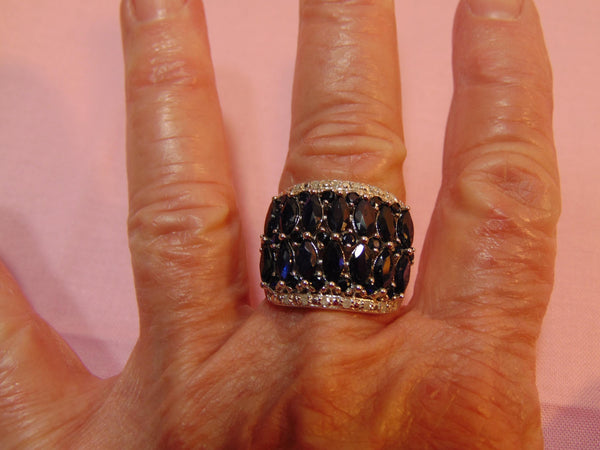 Estate Sterling Silver Sapphire Ring: Marquee & CZ Gemstones, Size 7.75