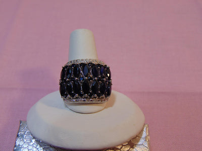 Estate Sterling Silver Sapphire Ring: Marquee & CZ Gemstones, Size 7.75