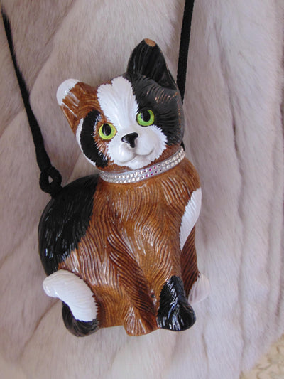 Timmy Woods Calico Cat Purse: Wooden Novelty Bag with Swarovski Collar