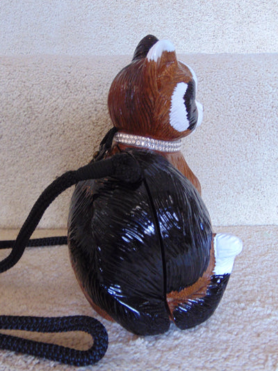 Timmy Woods Calico Cat Purse: Wooden Novelty Bag with Swarovski Collar