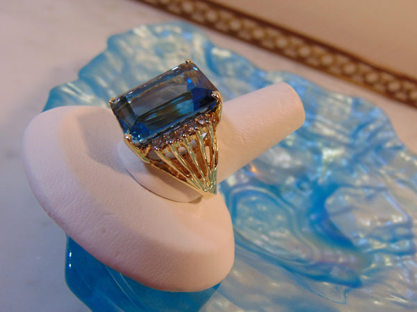 Vintage 14K Gold Blue Topaz Ring with Diamonds, Size 7.5