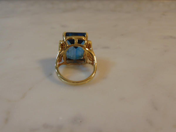 Vintage 14K Gold Blue Topaz Ring with Diamonds, Size 7.5