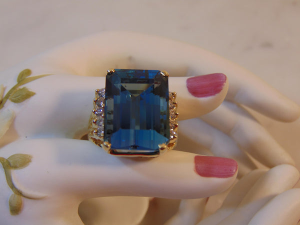 Vintage 14K Gold Blue Topaz Ring with Diamonds, Size 7.5
