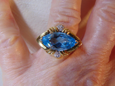 14K Gold Blue Topaz Diamond Ring, Size 6 1/2
