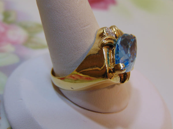 14K Gold Blue Topaz Diamond Ring, Size 6 1/2