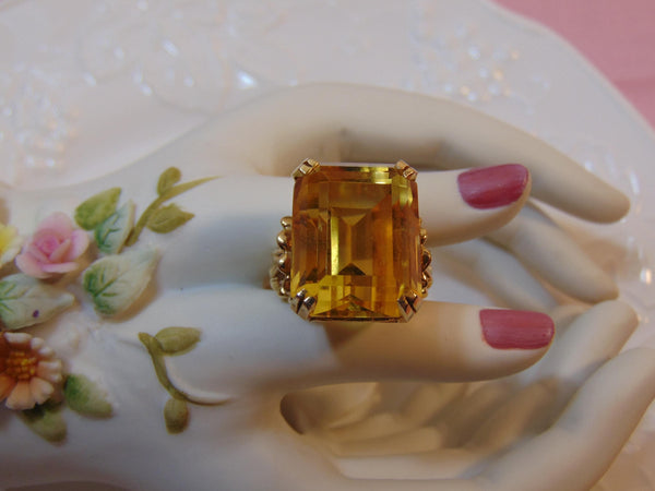 14K Gold Emerald Cut Yellow Quartz Ring - Vintage Statement Ring