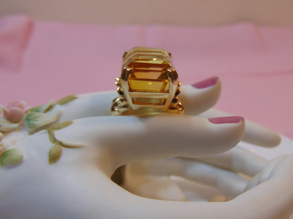 14K Gold Emerald Cut Yellow Quartz Ring - Vintage Statement Ring