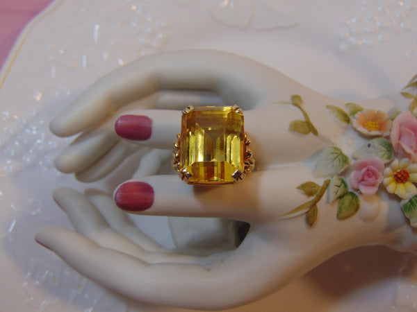 14K Gold Emerald Cut Yellow Quartz Ring - Vintage Statement Ring
