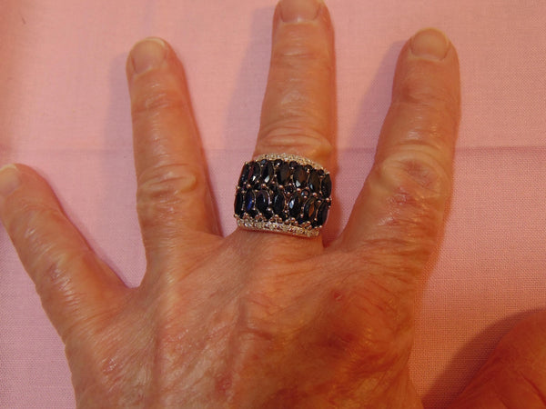 Estate Sterling Silver Sapphire Ring: Marquee & CZ Gemstones, Size 7.75