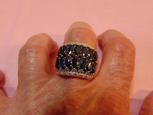 Estate Sterling Silver Sapphire Ring: Marquee & CZ Gemstones, Size 7.75
