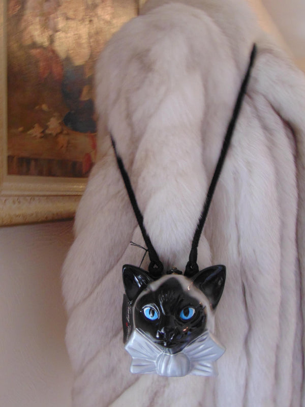 Vintage Timmy Woods Siamese Cat Wooden Purse, Signed