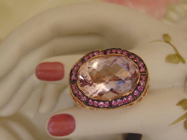 14Kt Rose Gold Ring: 12Ct Pink Quartz & Sapphire Accent