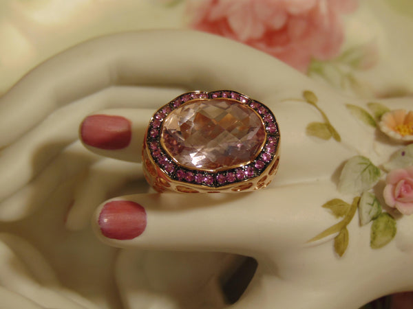 14Kt Rose Gold Ring: 12Ct Pink Quartz & Sapphire Accent