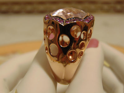 14Kt Rose Gold Ring: 12Ct Pink Quartz & Sapphire Accent