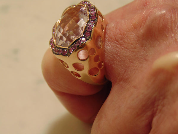 14Kt Rose Gold Ring: 12Ct Pink Quartz & Sapphire Accent