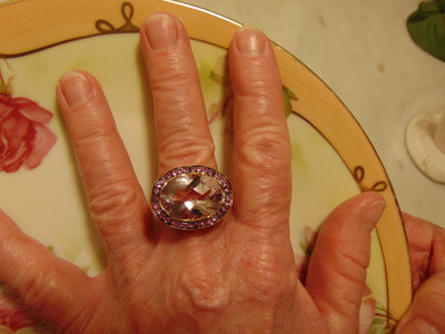 14Kt Rose Gold Ring: 12Ct Pink Quartz & Sapphire Accent