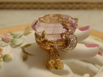 60Ct Natural Kunzite Diamond Ring: 18Kt Gold Twisted Vine Statement Ring