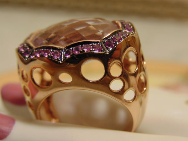 14Kt Rose Gold Ring: 12Ct Pink Quartz & Sapphire Accent