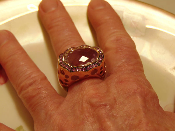 14Kt Rose Gold Ring: 12Ct Pink Quartz & Sapphire Accent