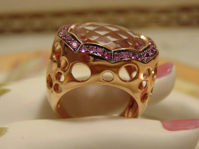 14Kt Rose Gold Ring: 12Ct Pink Quartz & Sapphire Accent