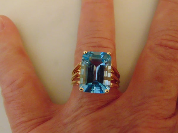 Emerald Cut Blue Topaz Ring: 14K Yellow Gold Estate Jewelry