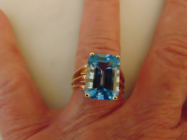 Emerald Cut Blue Topaz Ring: 14K Yellow Gold Estate Jewelry