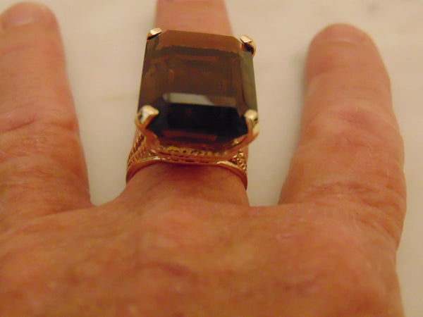 Emerald Cut Smokey Quartz Ring: 14K Gold Vintage Estate Jewelry