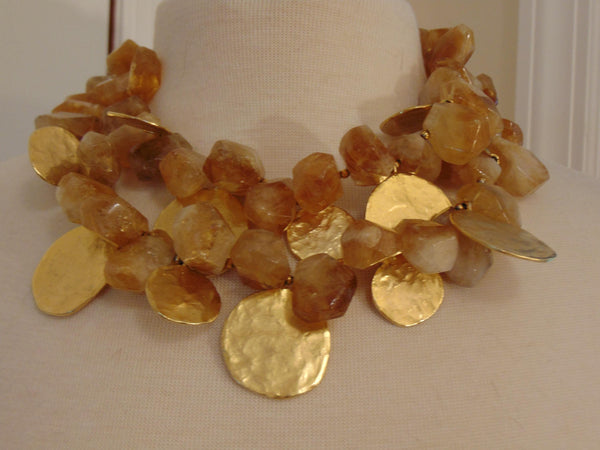 Vintage KJL Citrine Nugget Bib Necklace: Gold Plated Discs