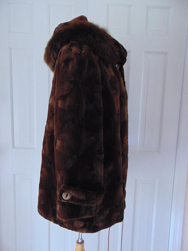 Vintage Sheared Beaver Jacket, Fox Fur Hood, Size M