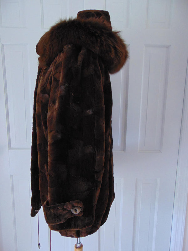 Vintage Sheared Beaver Jacket, Fox Fur Hood, Size M