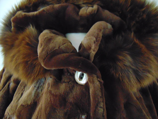 Vintage Sheared Beaver Jacket, Fox Fur Hood, Size M