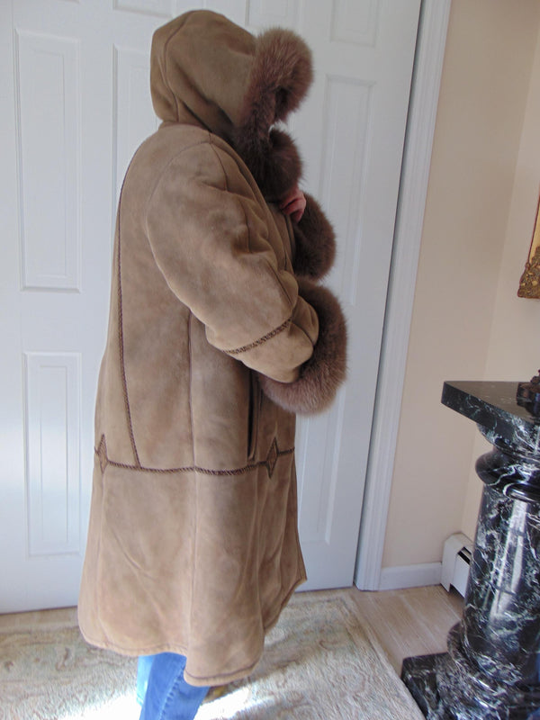 Italian Shearling Hooded Coat with Fox Fur Trim, Size 44