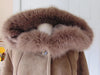Italian Shearling Hooded Coat with Fox Fur Trim, Size 44