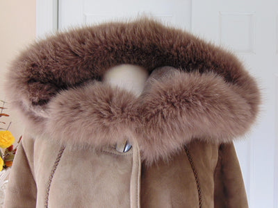Italian Shearling Hooded Coat with Fox Fur Trim, Size 44