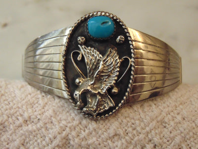 Turquoise Sterling Silver Eagle Cuff Bracelet, Running Bear, Western Jewelry