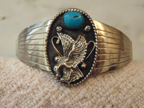 Turquoise Sterling Silver Eagle Cuff Bracelet, Running Bear, Western Jewelry