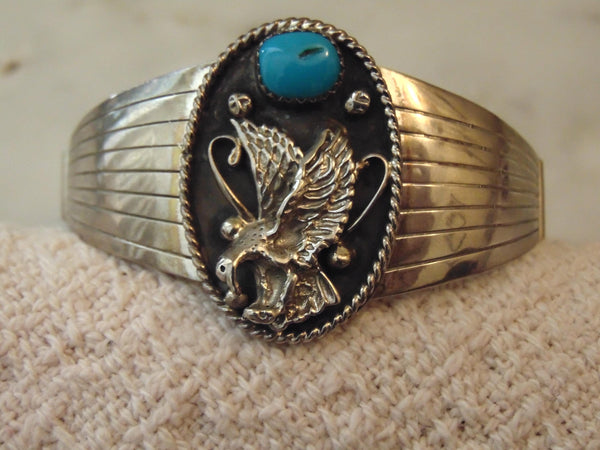 Turquoise Sterling Silver Eagle Cuff Bracelet, Running Bear, Western Jewelry