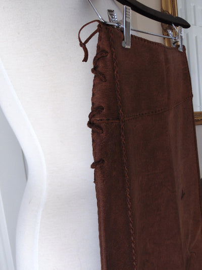 New Mexico Artisan Cowhide Skirt, Pam Dietrich Suede Clothing, Cognac Leather Skirt