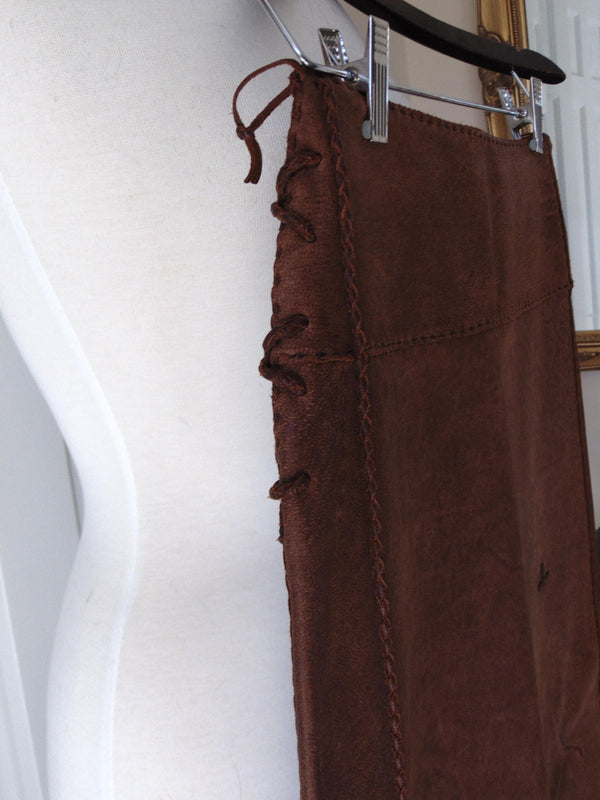 New Mexico Artisan Cowhide Skirt, Pam Dietrich Suede Clothing, Cognac Leather Skirt